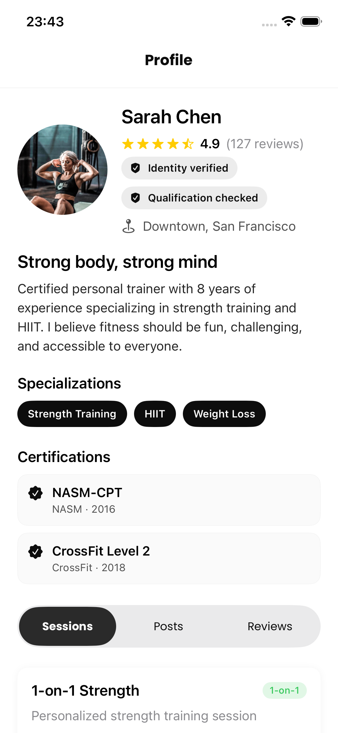 Pellavo trainer profile showing a trainer's details and sessions