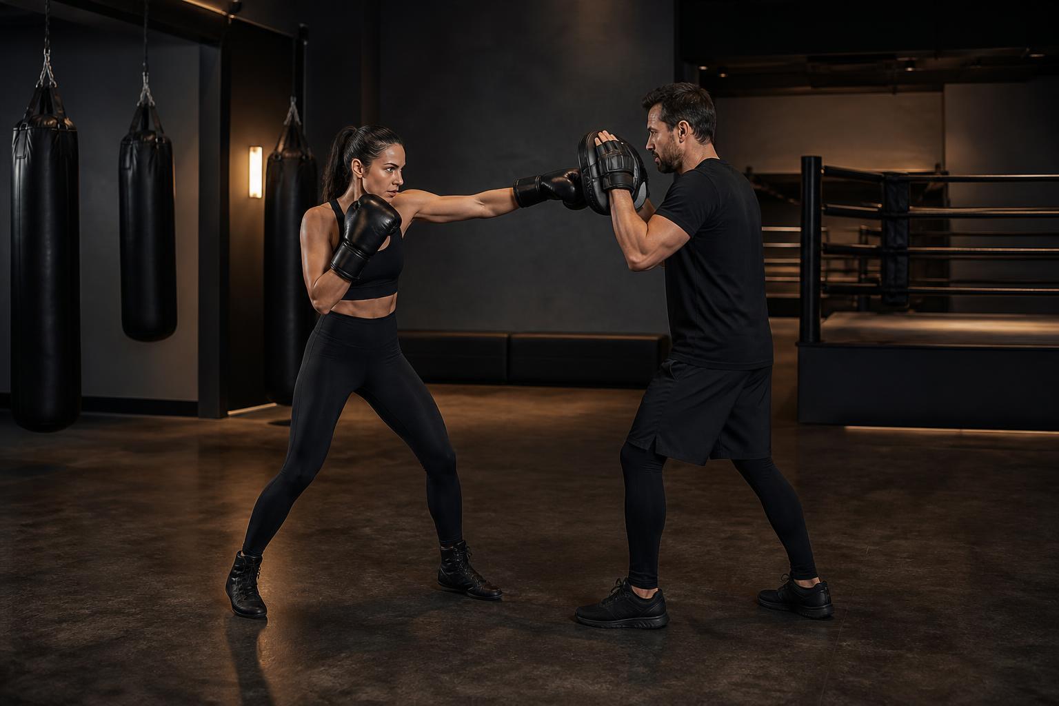 Boxing pad-work session with a trainer in a modern studio