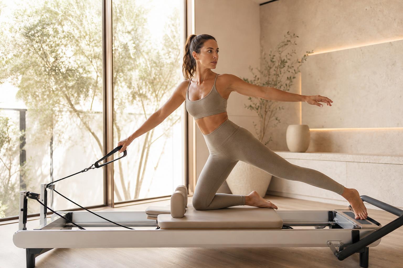 Woman training on a reformer in a contemporary Pilates studio